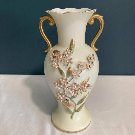 Vintage Porcelain Vase with Gold Handles and Floral Relief