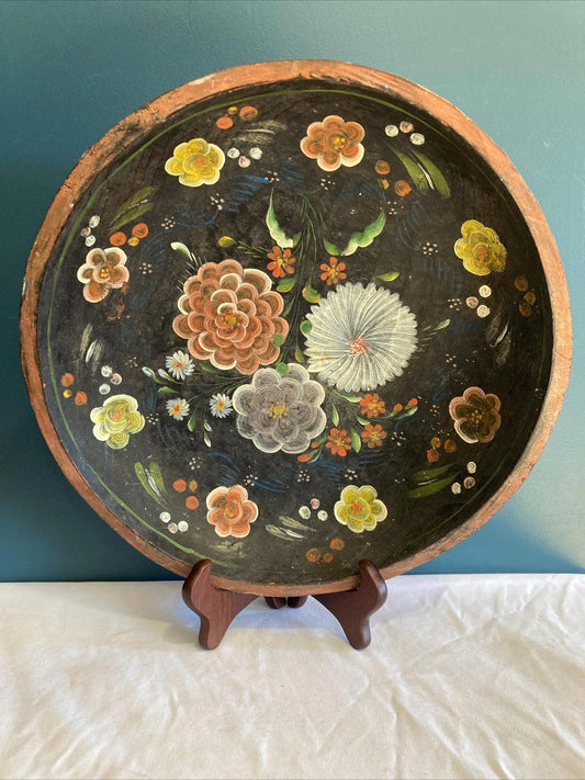Vintage Hand Painted Carved Decorative Wooden Bowl 14.5"