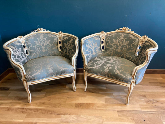 Pair of French Louis XV Style Bergère Chairs With Green Damask Upholstery