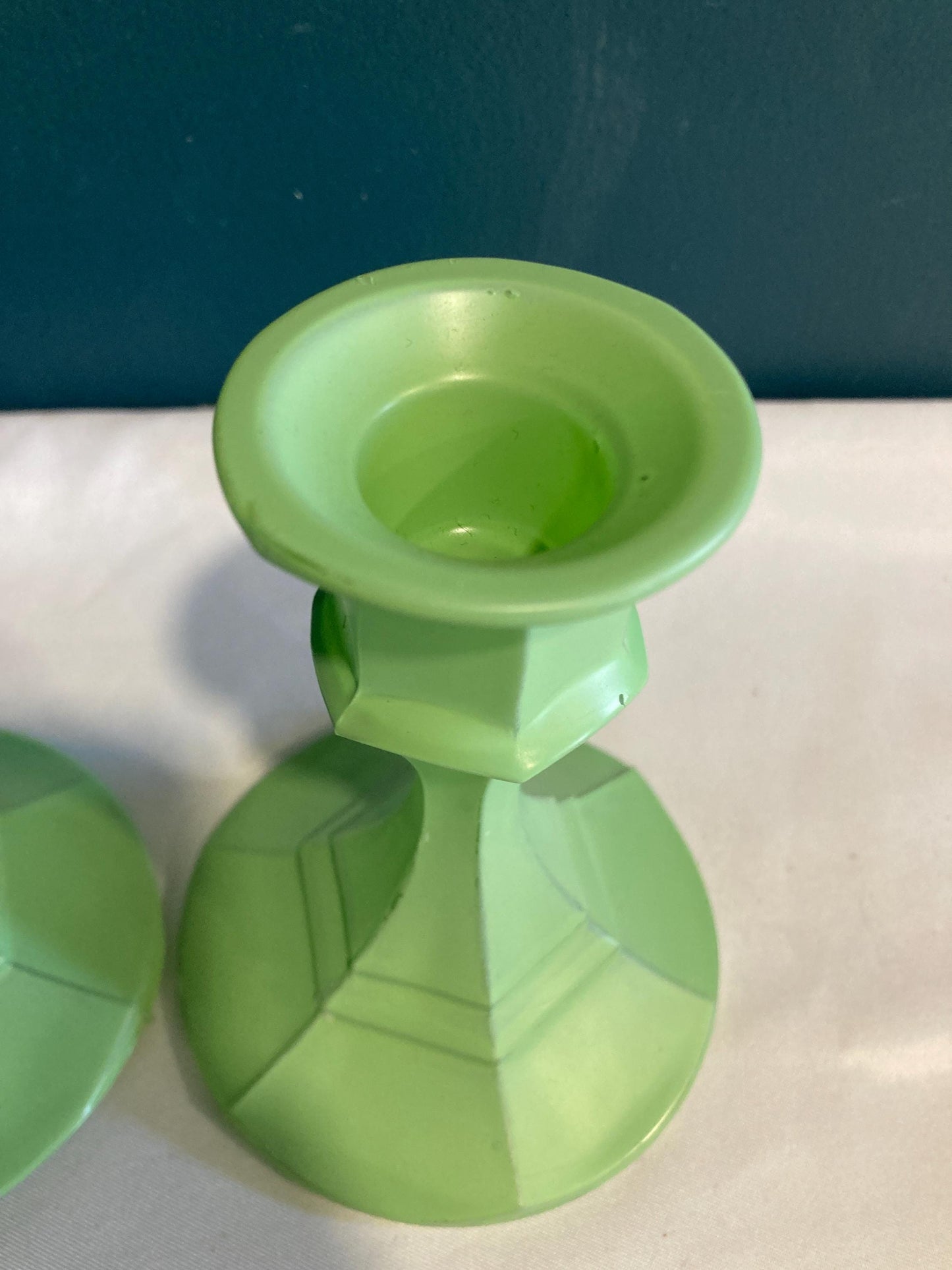 Vintage Green Painted Glass Candlesticks, set of 2