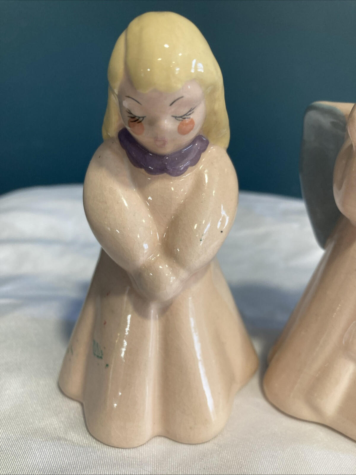 Vintage Kay Finch Praying Angel Figurines California Pottery Pink Blue Wings