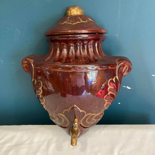 Vintage Ceramic Urn Wall Decor with Lid | Brown Lusterware Gold Trim