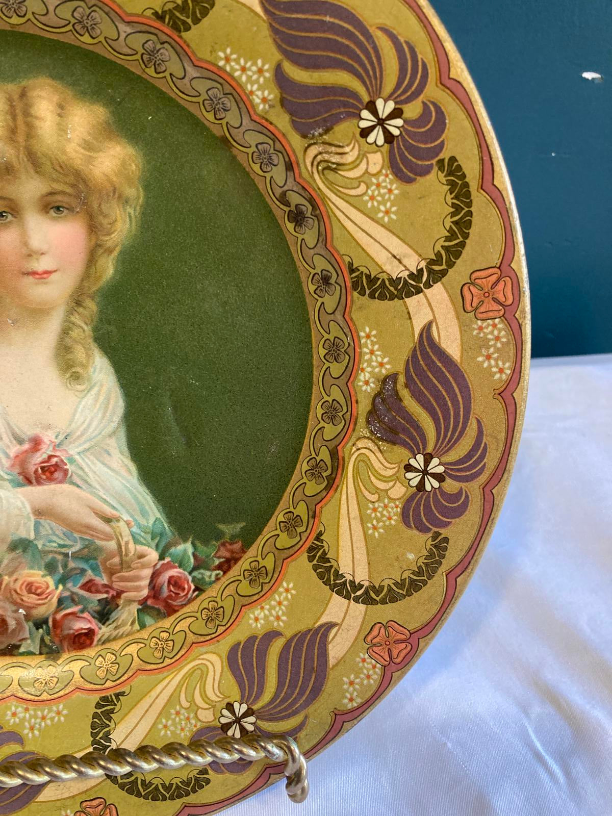 Royal Saxony “Flower Girl” Decorative Metal Plate by Chas W. Shonk Co. Chicago