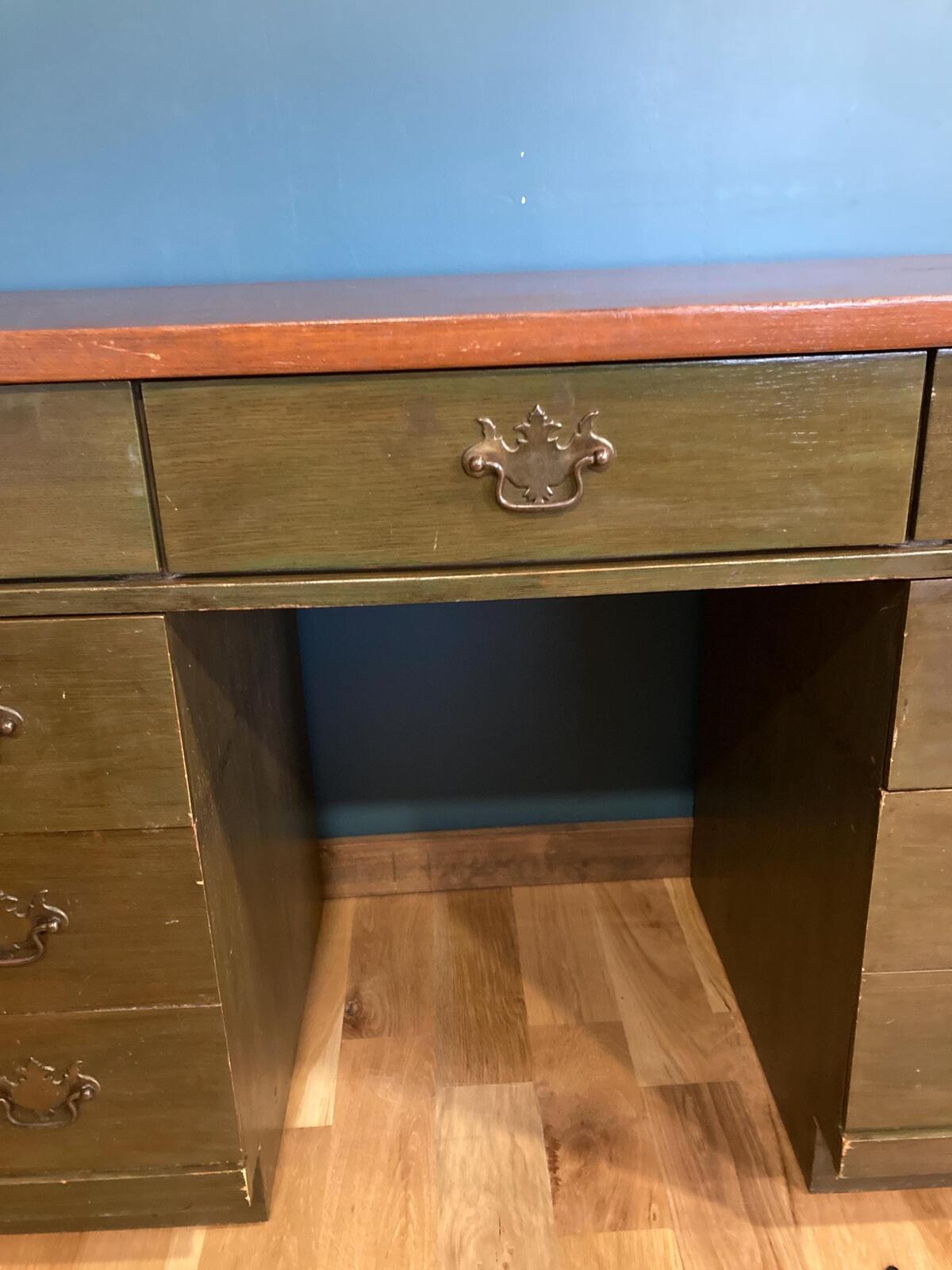 Mid Century Bassett Wooden Desk, Green Stained Solid Wood Desk, 7 Drawer Writing Desk, Vintage Office Furniture