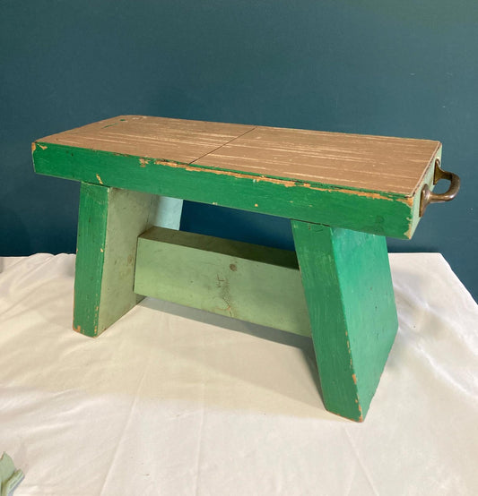1970s Vintage Green Solid Wood Stool With Handle