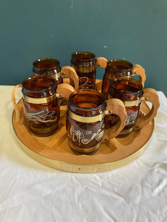 Vintage Amber Glass Cowboy Mugs with Wood Handles and Wagon Wheel Tray Set of 7