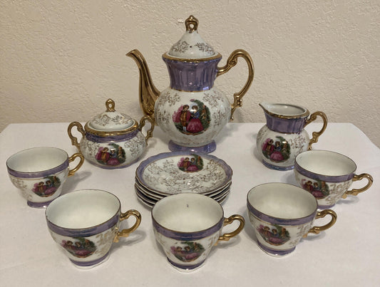 Vintage Arnart Japan Tea Set – Purple, Gold & White Courting Couple – 15 Piece Set