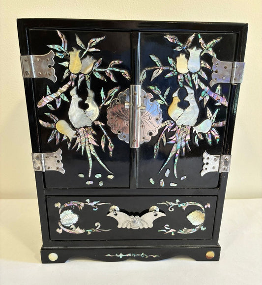 Vintage Black Lacquer Mother of Pearl Jewelry Cabinet | Asian Bird Floral Inlay