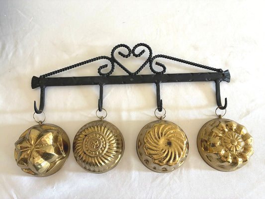 Vintage Wrought Iron Heart Rack with 4 Brass Jelly Molds | Kitchen Wall Decor