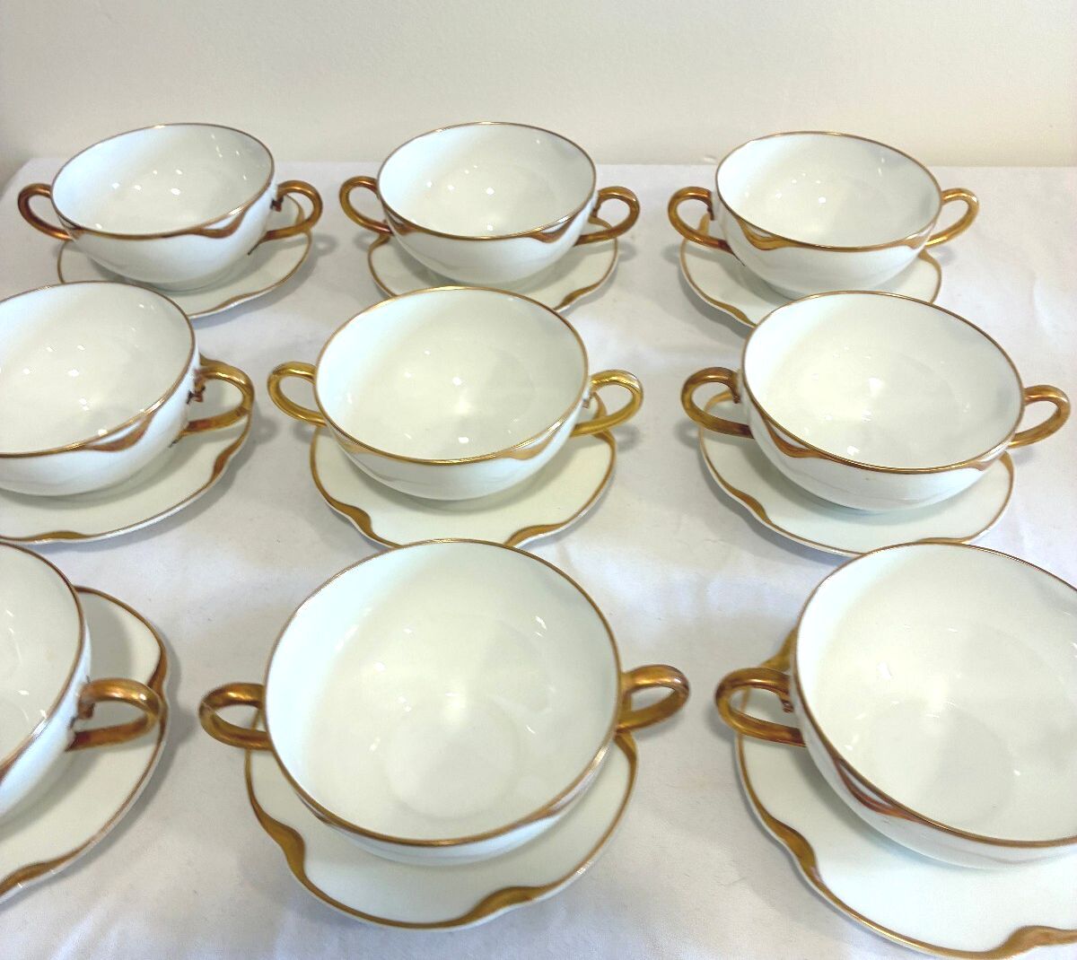 Antique Haviland & Co Gold Rim Bouillon Cups & Saucers Set of 9 French Porcelain
