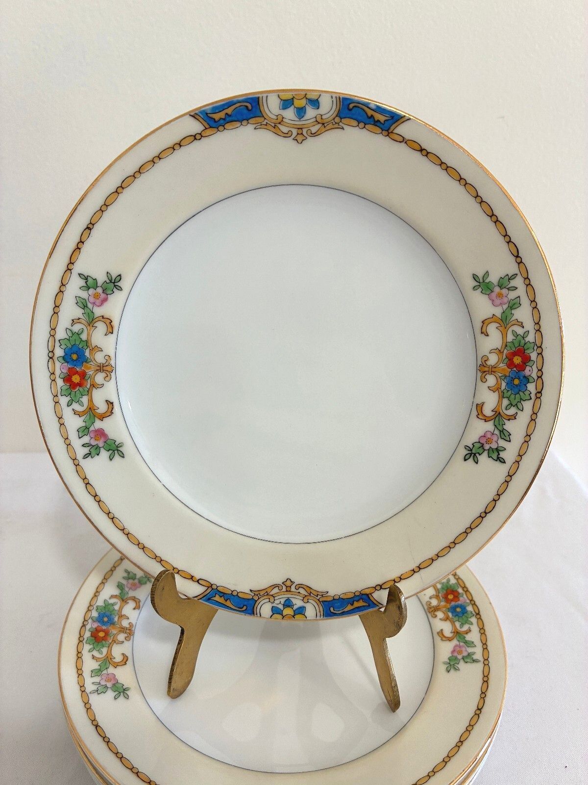 Vintage Meito China Warren 6" Bread and Butter Plates, Floral Blue and Gold Trim