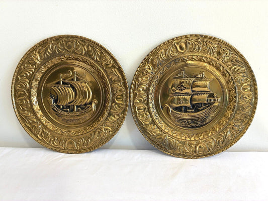 Vintage Pair of Embossed Brass Ship Plates, Made in England, Nautical Wall Decor