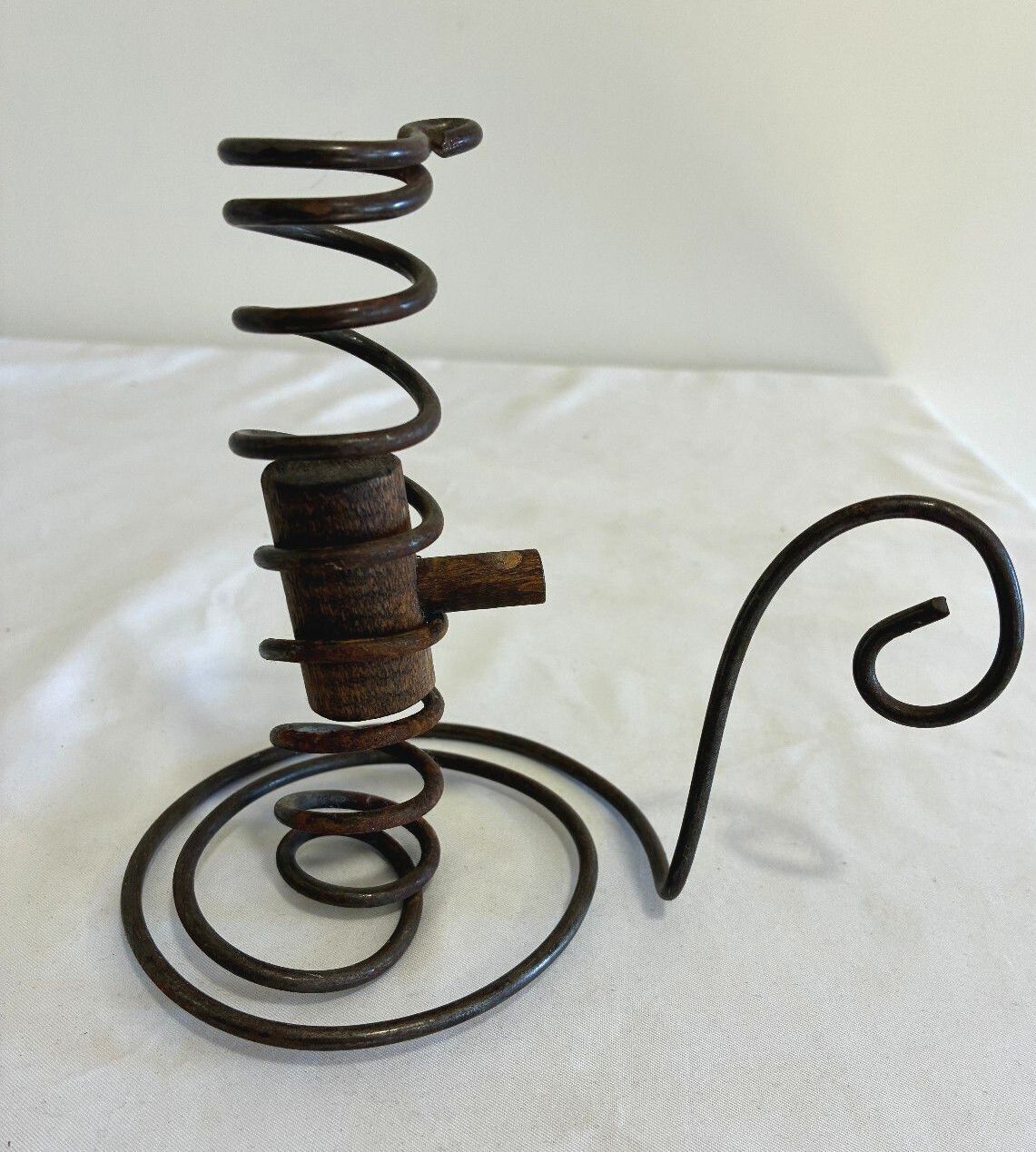 Vintage Spiral Courting Candle Holder, Iron and Wood Adjustable Candlestick