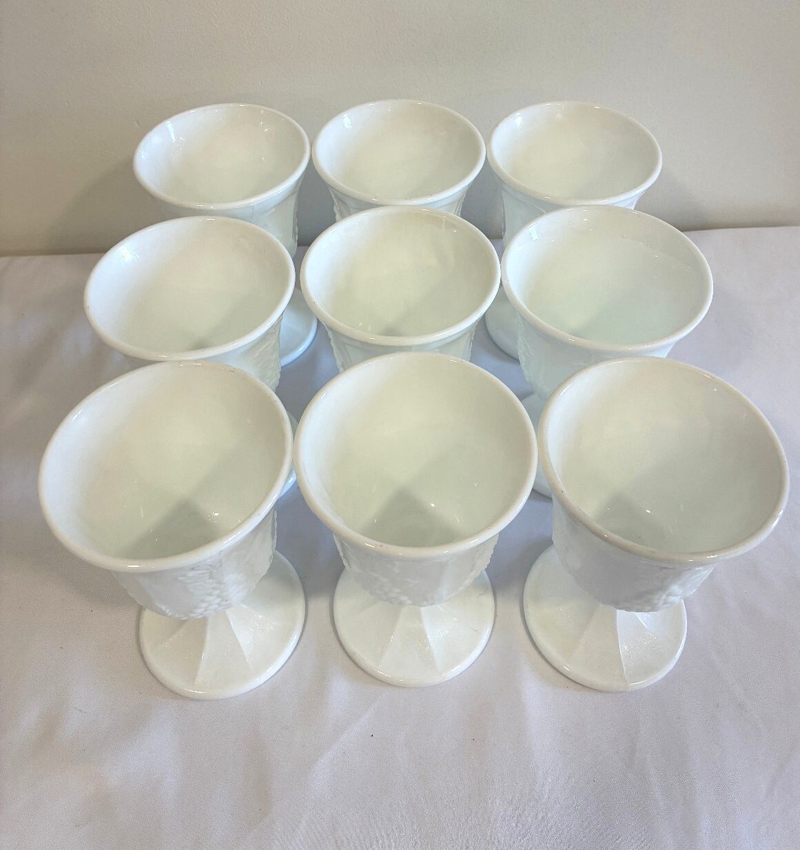 Vintage Milk Glass Goblets Set of 9, White Grape Vine Pattern w/ Pedestal Base