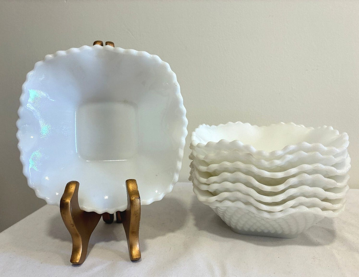 Vintage Milk Glass Ruffled Bowls Set of 8 | Quilted Diamond Pattern White Glass