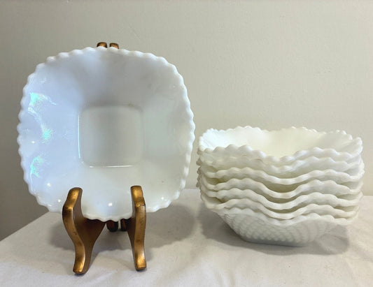 Vintage Milk Glass Ruffled Bowls Set of 8 | Quilted Diamond Pattern White Glass