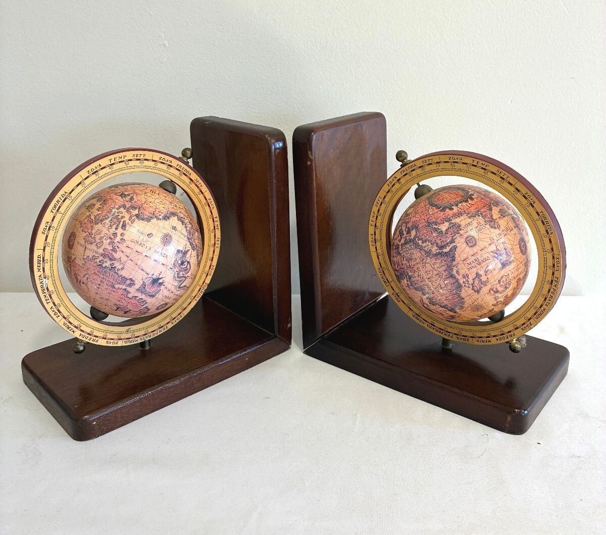 Vintage Pair of Old World Globe Bookends, Wood Bookends with Map Globes