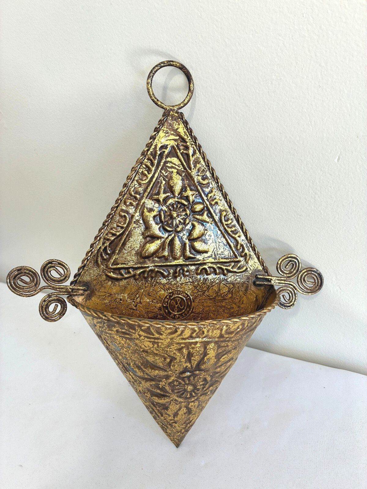 Vintage Hosley Gold Wall Pocket, Embossed Floral Hanging Vase