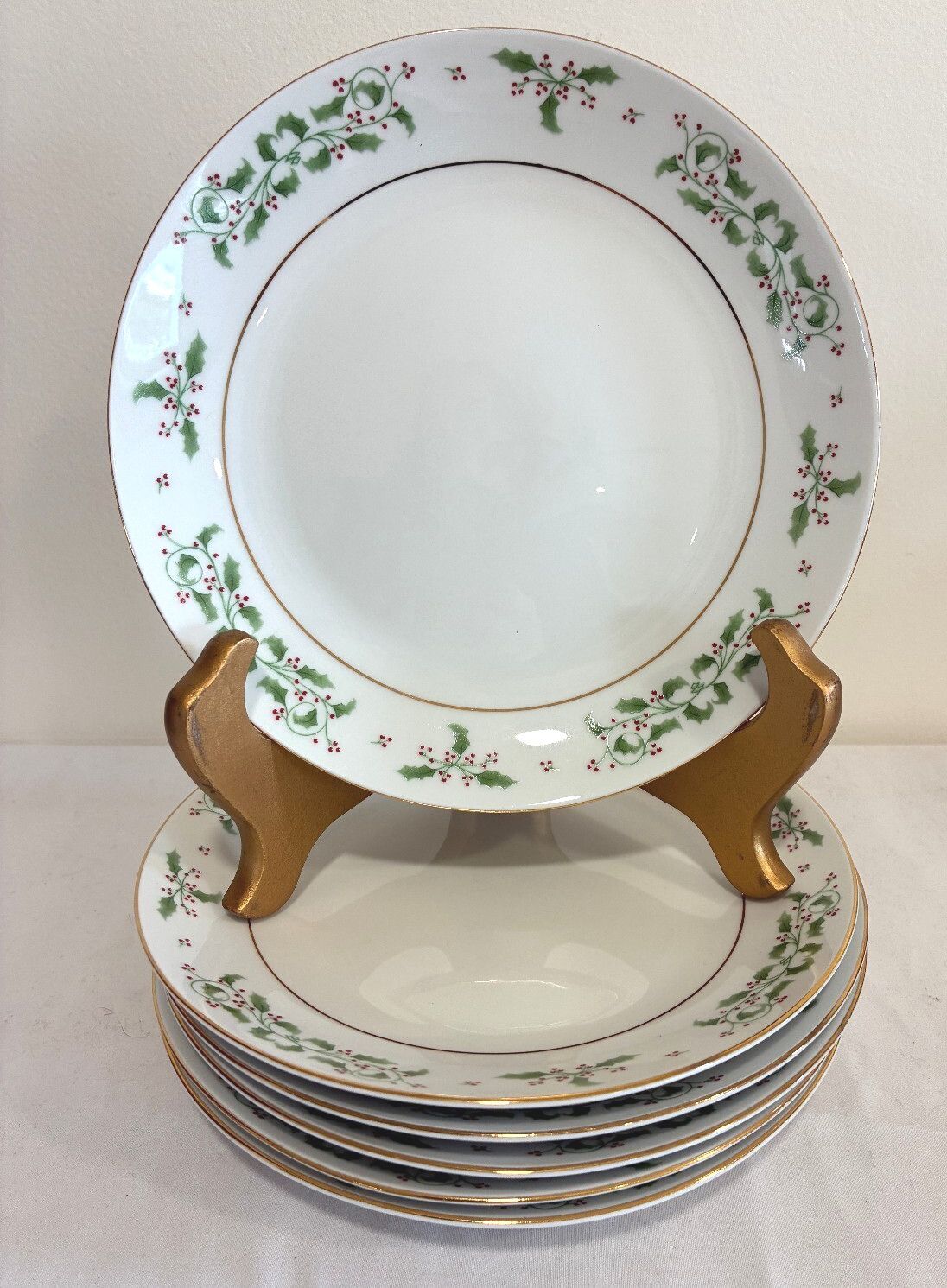 Vintage Holly Berry Christmas Dessert Plates With Gold Trim, Set of 6