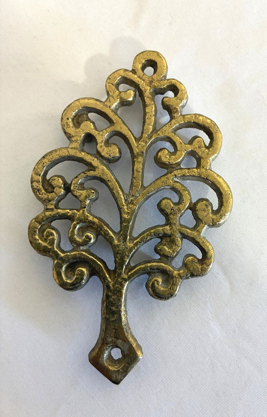 Vintage Tree of Life Mini Trivet, Brass Tone Scrollwork, Rustic Kitchen Decor