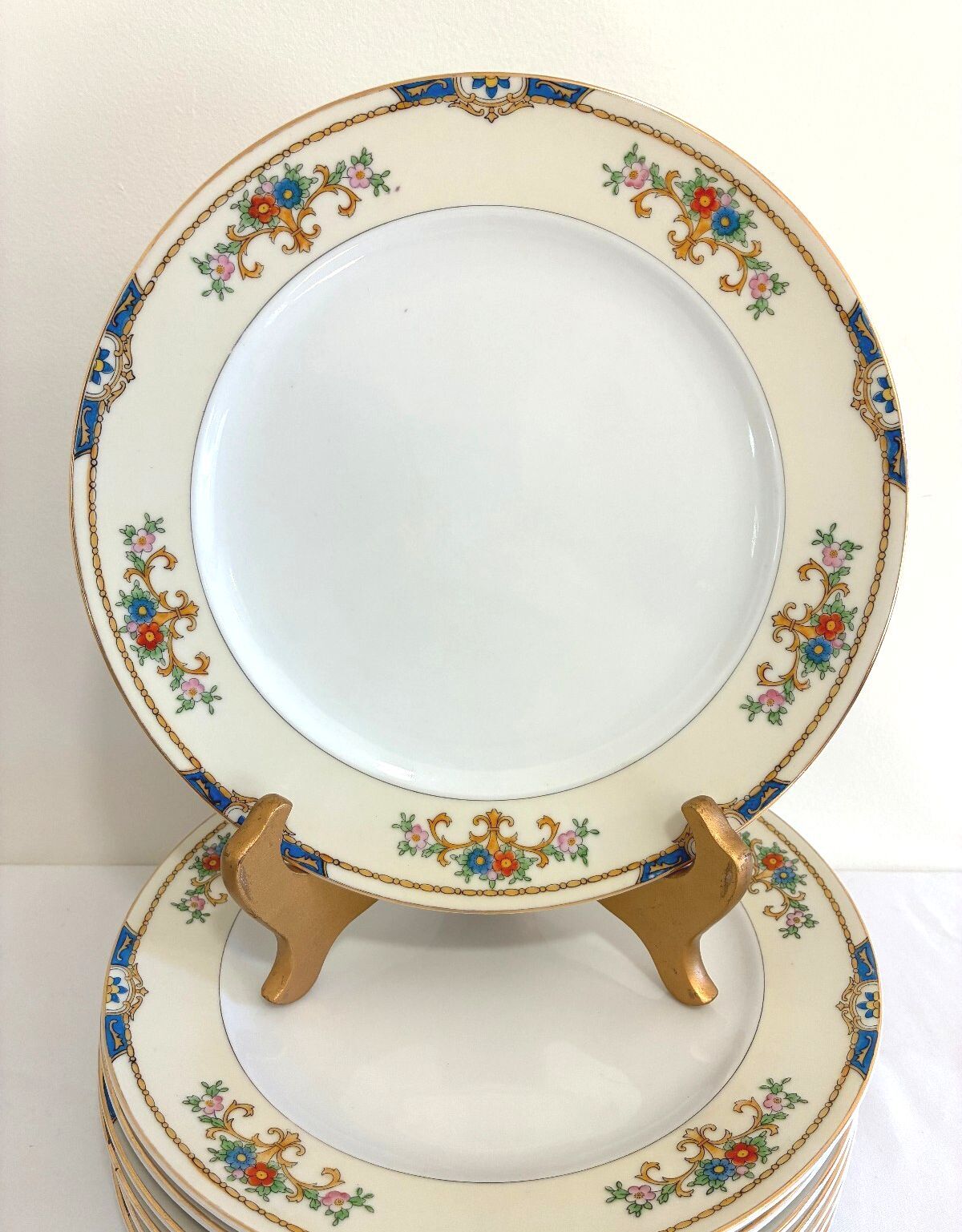 Vintage Meito Warren Dinner Plates, Set of 7, Floral China, Blue and Gold Border