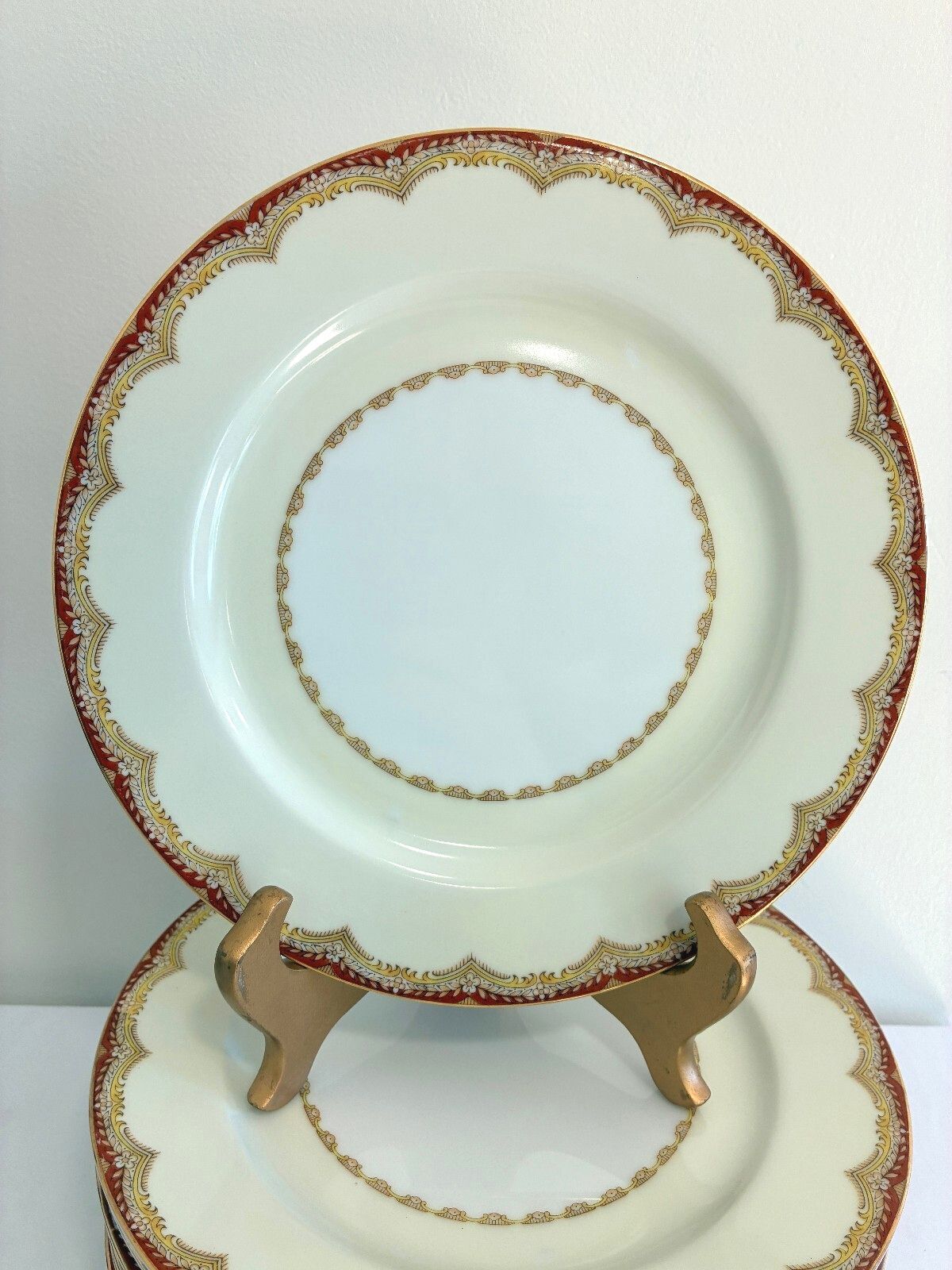 Vintage Meito Celestine Dinner Plates Set of 12, Red and Gold Border, Japan