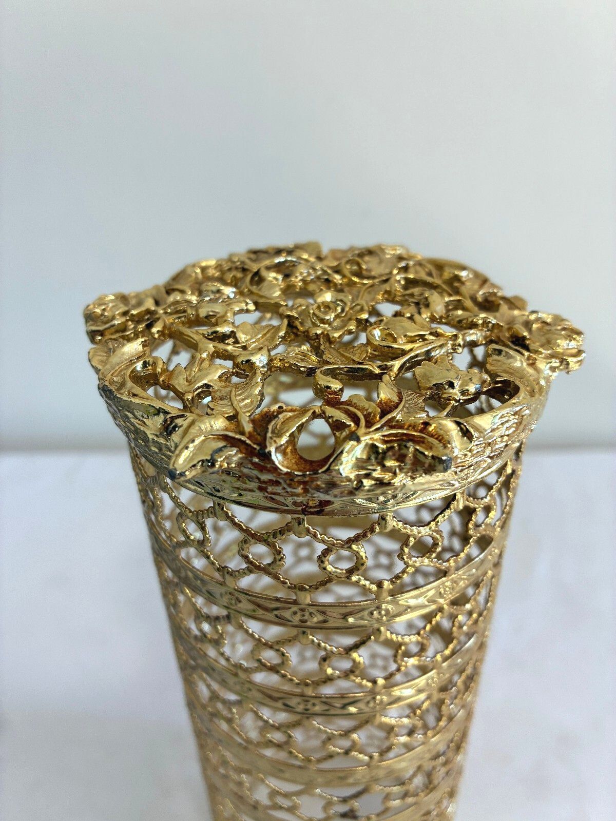 Vintage Gold Filigree Bottle Cover by Karew, Hollywood Regency Rose Filigree