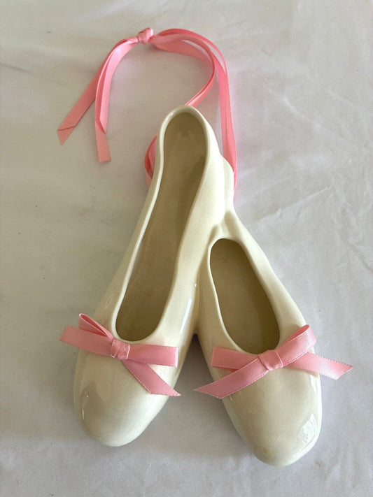 Vintage Ceramic Ballet Slippers Decor, Signed Renée, Pink Ribbon Bows, Ballerina