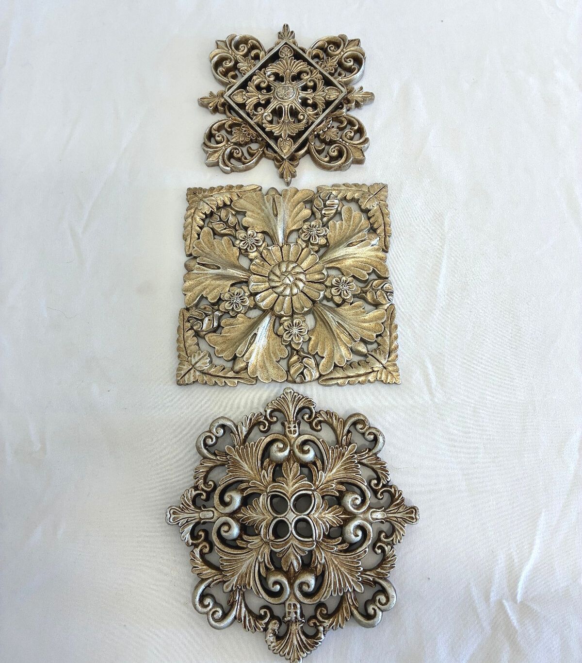 Silver Gilt Painted Wood Medallions Wall Plaques, Set of 3, Hollywood Regency