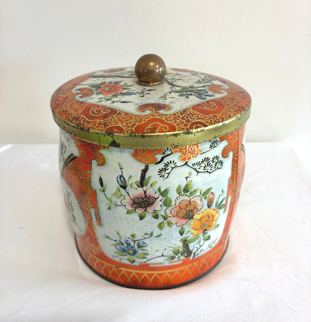 Vintage Daher Tin, Brass Knob Lid, Orange Chinoiserie Canister, Made in England
