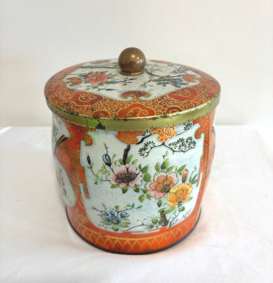 Vintage Daher Tin, Brass Knob Lid, Orange Chinoiserie Canister, Made in England