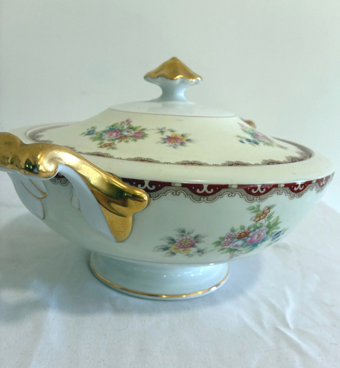 Vintage Meito China Celestine Covered Dish, Serving Tureen with Gold Handles
