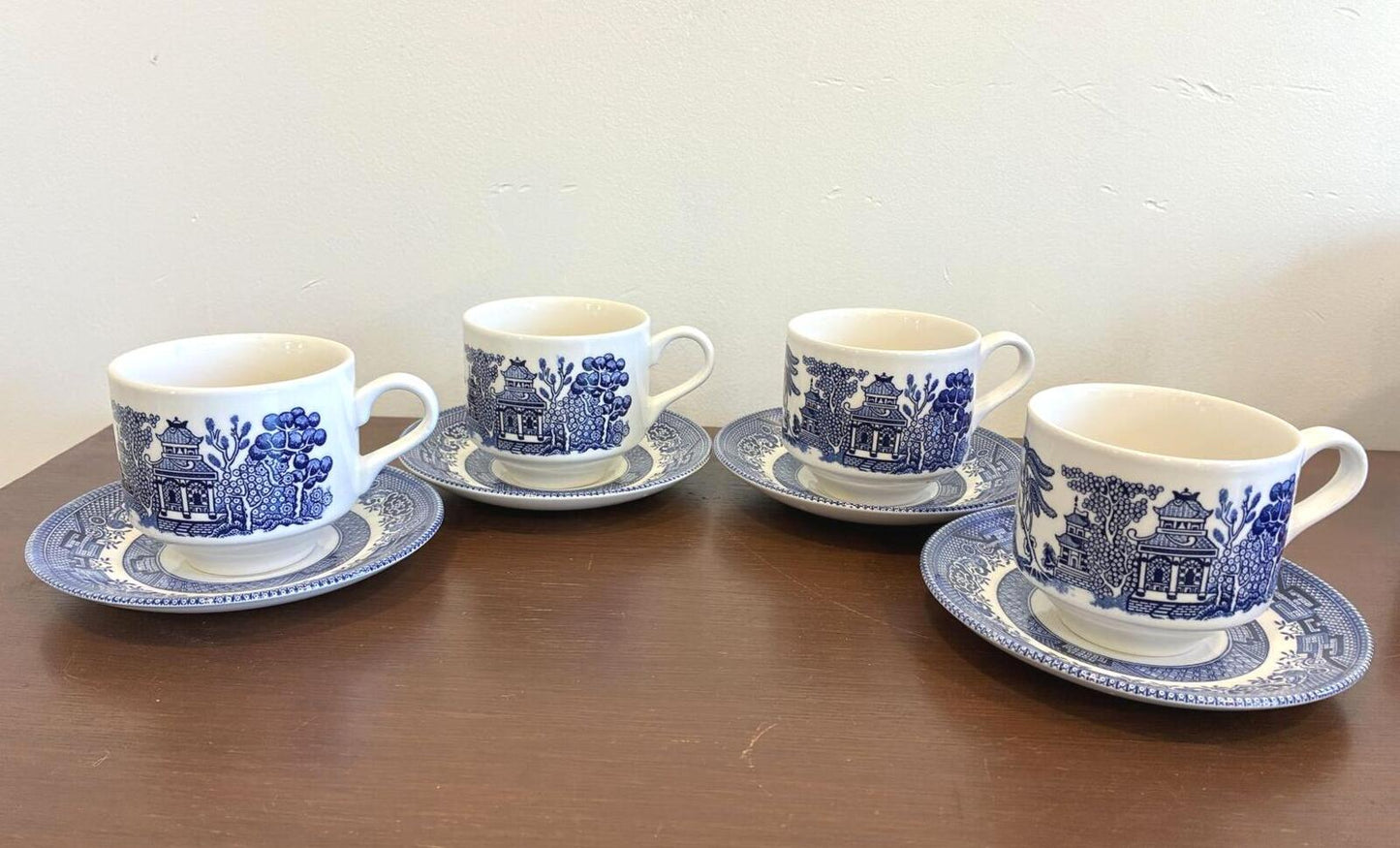 Vintage Churchill England Blue Willow Cups and Saucers, Set of 4 Transferware