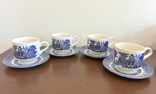 Vintage Churchill England Blue Willow Cups and Saucers, Set of 4 Transferware