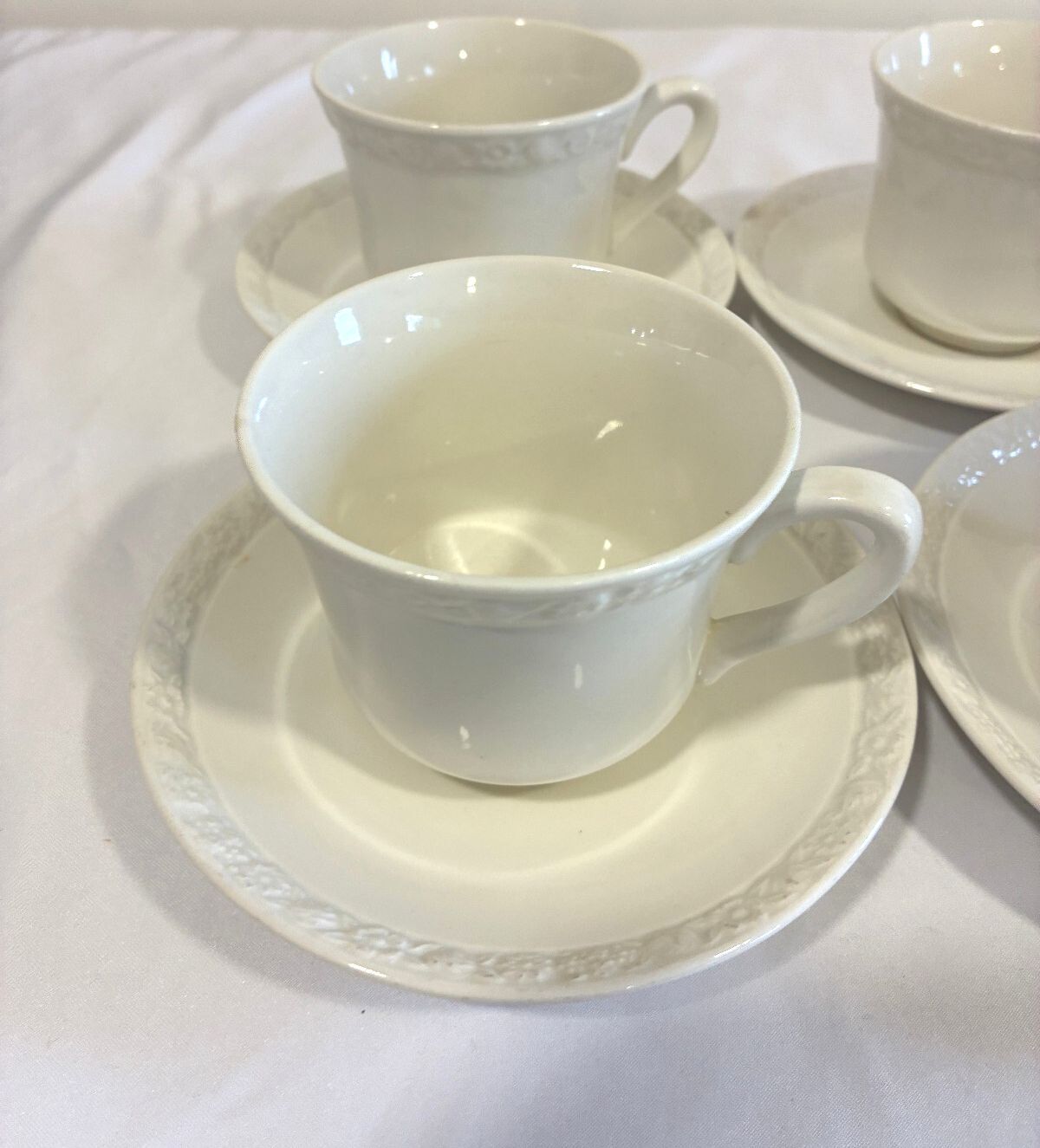 Vintage Wedgwood & Co Teacups and Saucers Set of 6, Embossed Floral Rim, England