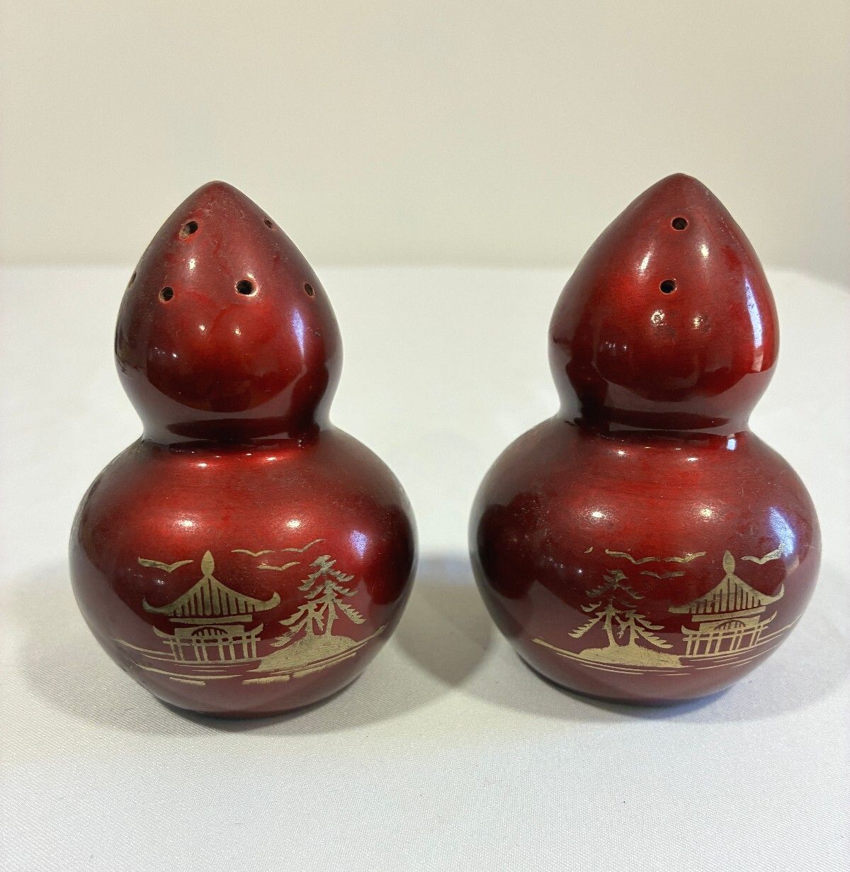 Vintage Red Lustreware Salt and Pepper Shakers | Gourd Shape Pagoda Design