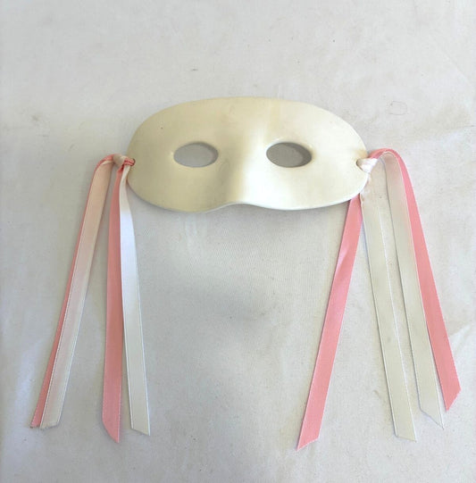 Vintage Ceramic Masquerade Mask, Cream Decorative Mask with Pink Ribbons, Signed
