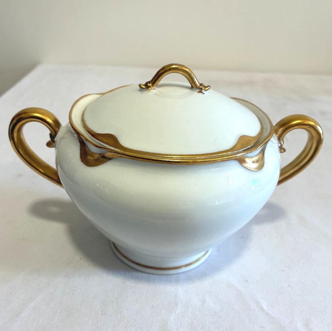 Antique Haviland & Co Limoges Covered Sugar Bowl | Gold Handle French Porcelain