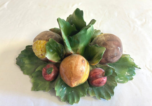 Vintage Capodimonte Italian Porcelain Fruit Taper Candle Holder | Hand Painted Fruit & Leaves | Made in Italy Centerpiece