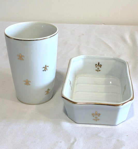 Vintage Fleur de Lis Porcelain Soap Dish & Toothbrush Holder Cup