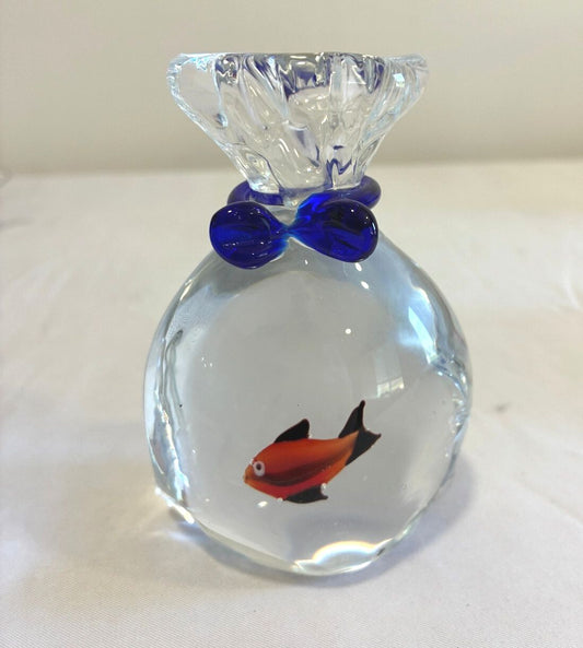 Hand-blown clear art glass fish in a bag sculpture with orange fish and cobalt blue glass tie, Murano-style decorative paperweight figurine
