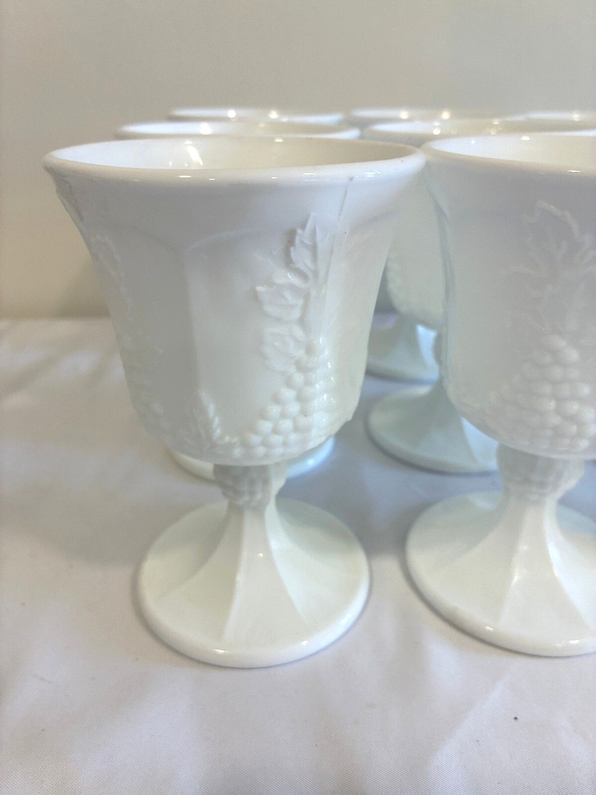 Vintage Milk Glass Goblets Set of 9, White Grape Vine Pattern w/ Pedestal Base