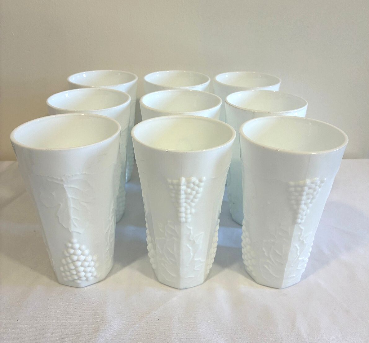 Vintage Milk Glass Tumblers Set of 9 Grape Vine Pattern White Drinking Glasses