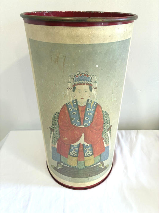 Vintage Asian Umbrella Stand, Chinoiserie Red Metal Floor Vase