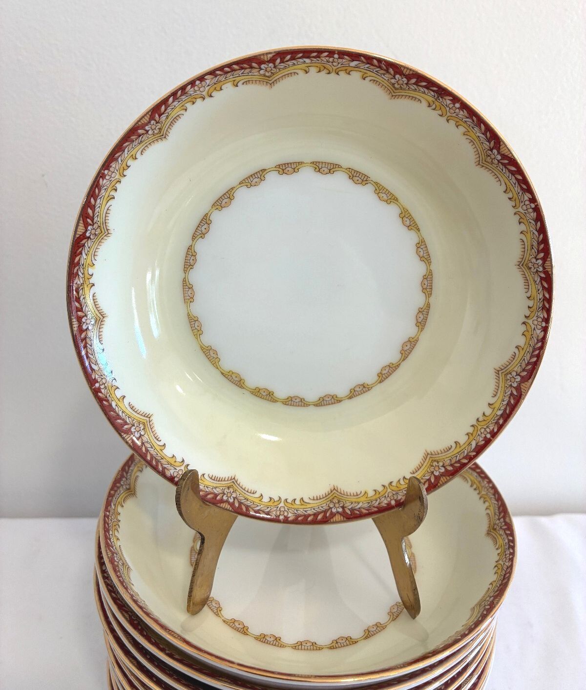 Vintage Set of 11 Meito China Celestine Fruit Bowls, Rust and Gold Border