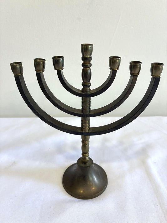 Vintage Solid Brass Menorah Candelabra, Seven Branch Candle Holder, Judaica Decor, Mid Century Brass Hanukkah Display, Vintage Finds