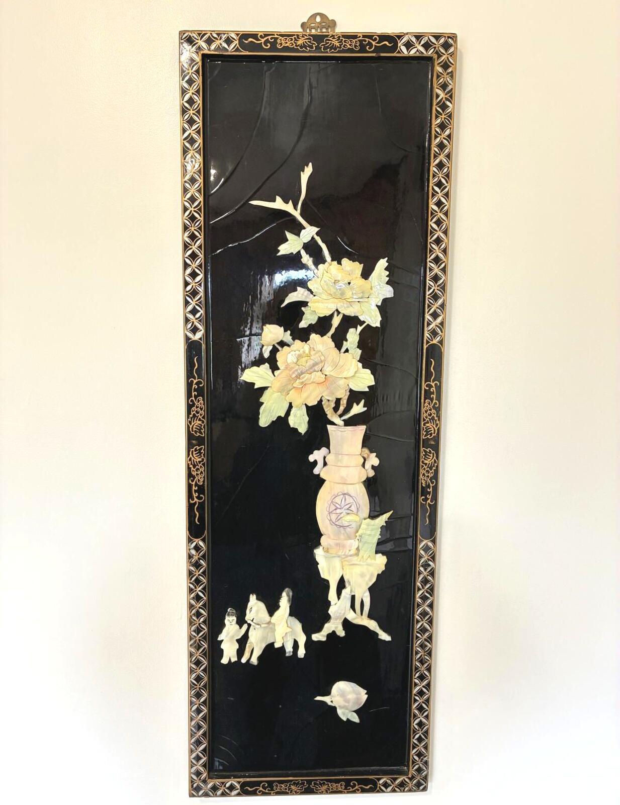 1960s Asian Chinoiserie Wall Panel, Mother of Pearl Inlay, Black Lacquer Wall Art, Hollywood Regency Decor