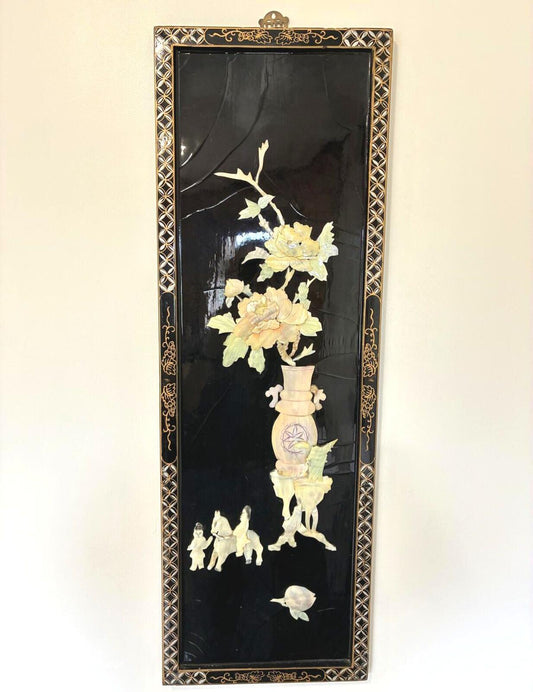 1960s Asian Chinoiserie Wall Panel, Mother of Pearl Inlay, Black Lacquer Wall Art, Hollywood Regency Decor