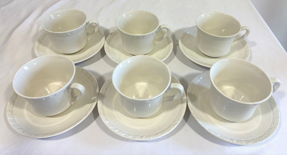 Vintage Wedgwood & Co Teacups and Saucers Set of 6, Embossed Floral Rim, England