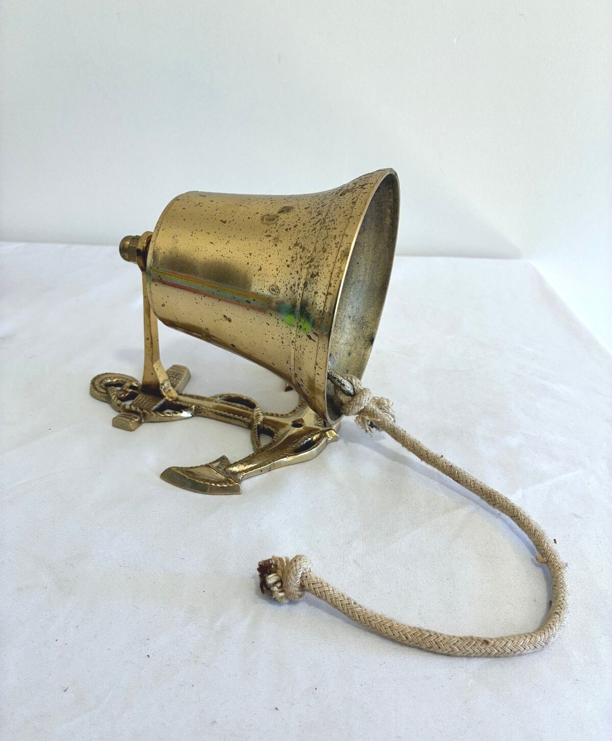 Vintage Solid Brass Anchor Bell with Rope Pull, Nautical Wall Mount Ship Bell
